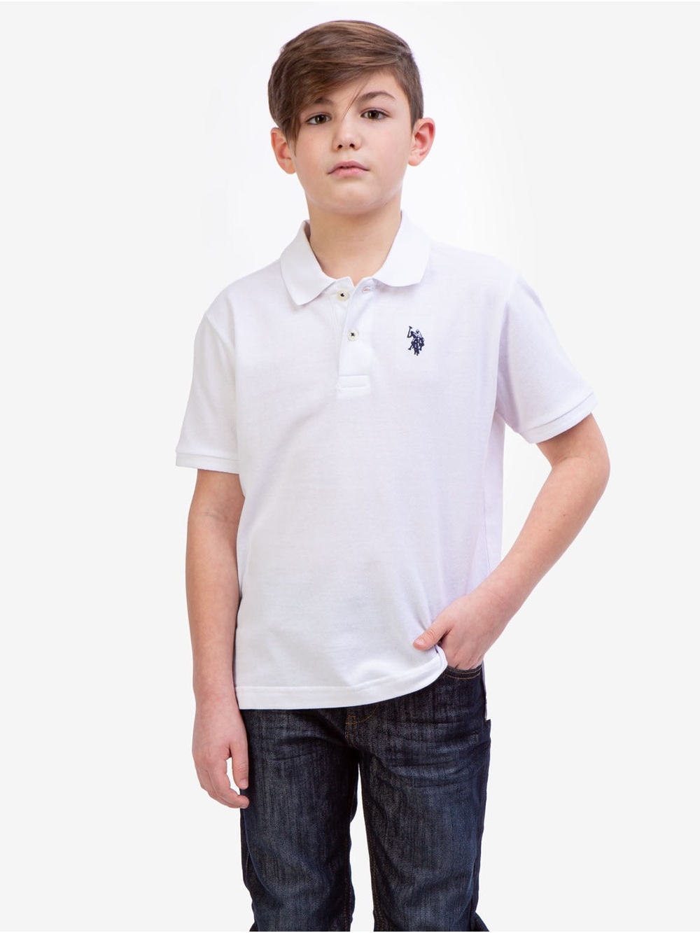 U.S. Polo Assn. Boys White Polo Shirt with Navy Logo